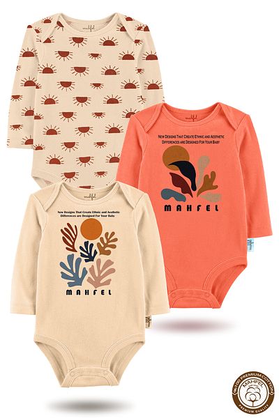 MAHFEL 100% Premium Cotton 3-Piece Organic Printed Snap Fastener Baby Bodysuit