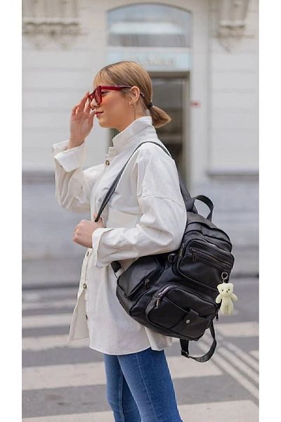 Bigowl Women's Wash Leather Backpack Black Backpack Multi-Compartment Bag