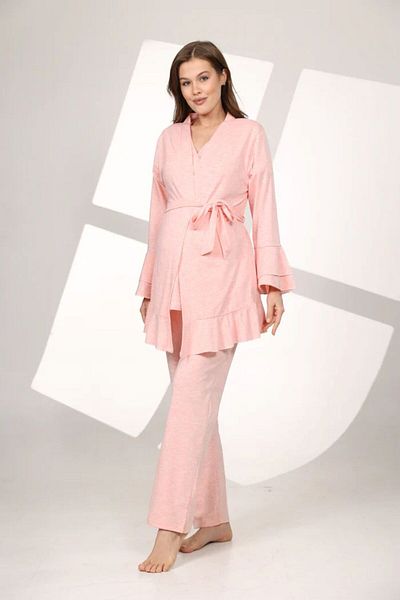 Pelin Women's Double Breasted Lapel Pink Breastfeeding Featured Maternity 3-Piece Pajamas Set
