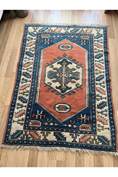 130x180 cm Büyük Boy Doğal Desenli Vintage, El Dokuma Anadolu Yün Halı, Harika Kondisyonlu Mavi Renk