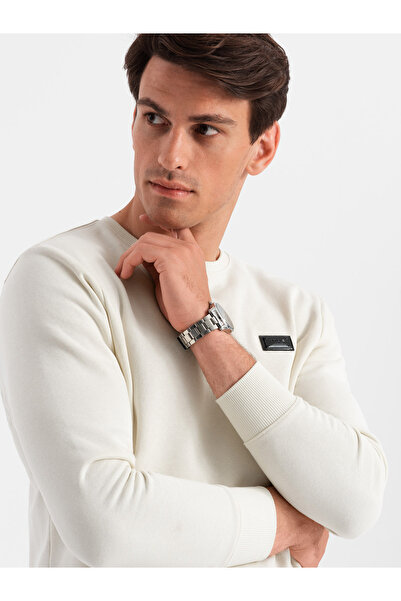 OMBRE Pánská nestrečová mikina s kovovým kolíčkem - krémová V2 OM-SSNZ-0136 L