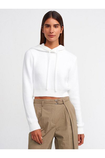 Dilvin 10486 DİLVİN Pulover crop cu glugă cu textura moale