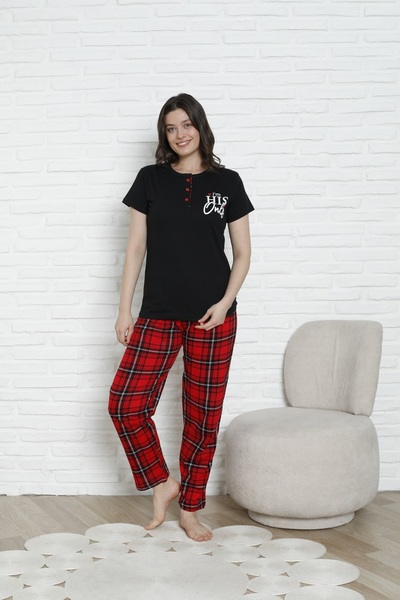 MODAREYA Sevgililer, Çiftler ve Çeyizlik İçin Eşli Patlı Kısa Kollu Ekoseli Pijama