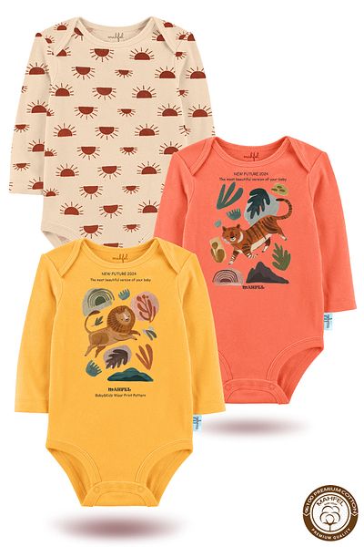 MAHFEL 100% Premium Cotton 3-Piece Organic Printed Snap Fastener Baby Bodysuit