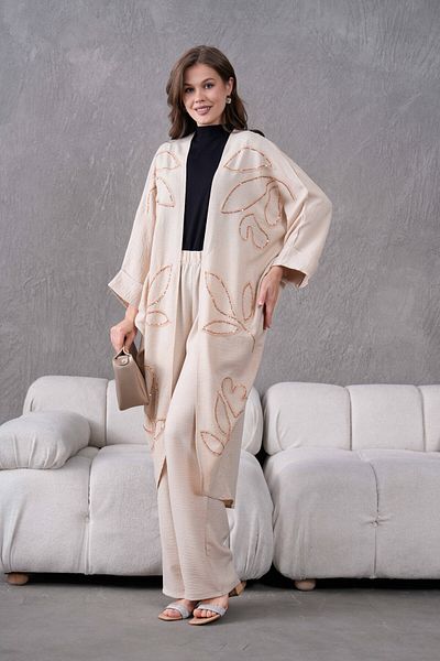 Miss Allos Women's Front Sequin Sequin Embroidered Linen Kimono and Pants Bottom Top Suit