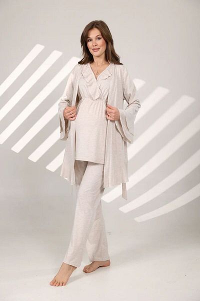 Pelin Beige Double Breasted Neck and Breastfeeding Featured Maternity Pajamas Set - Maternity 3-Piece Set