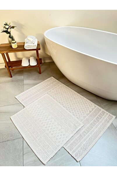 Bluenity Ecru Color Natural Cotton Bath Mat Set of 2 - 60X100+50X60 cm