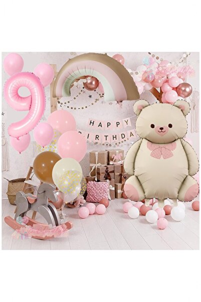 BİDOLUMUTLULUK Retro Birthday Luxury Pink Bear with Rainbow Balloon Age Figur...