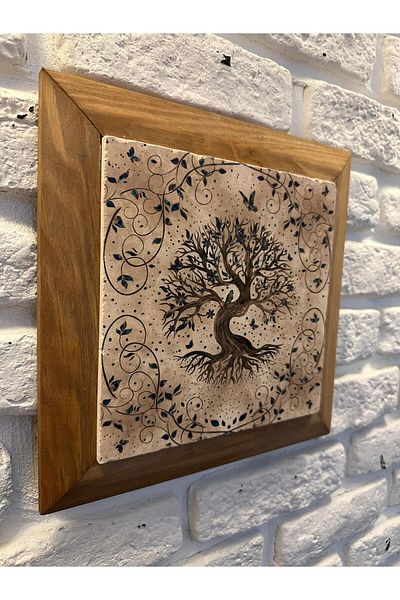 woodhomeworks Δέντρο της ζωής με μασίφ πλαίσιο Φυσική πέτρα μάρμαρο Πίνακας 26x26 cm