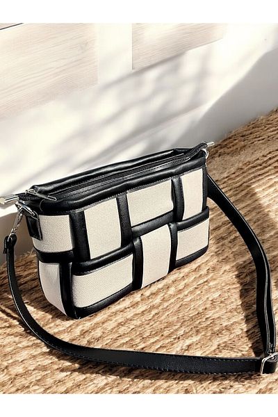 Katusa Women's Canvas Knitted Detailed Black-Cream Hand and Shoulder Bag