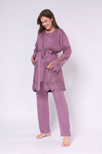 Pelin Women's Double Breasted Lapel Plum Hidden Breastfeeding Featured Maternity Pregnant 3-Piece Pajamas Set