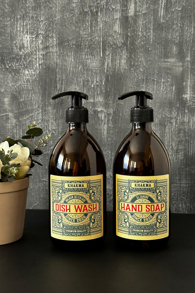 KHAKMA 500 ml Amber Renkli 2'li Vintage Cam Sabunluk Seti