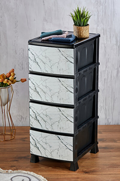 Homie 4 Katlı Çekmeceli Baskılı Mermer Desenli Kapaklı Plastik Komidin - Sebzelik - Çekmece No:1