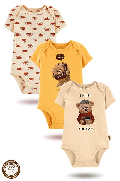 MAHFEL 100% Cotton Premium 3-Piece Organic Printed Snap Fastener Baby Bodysuit