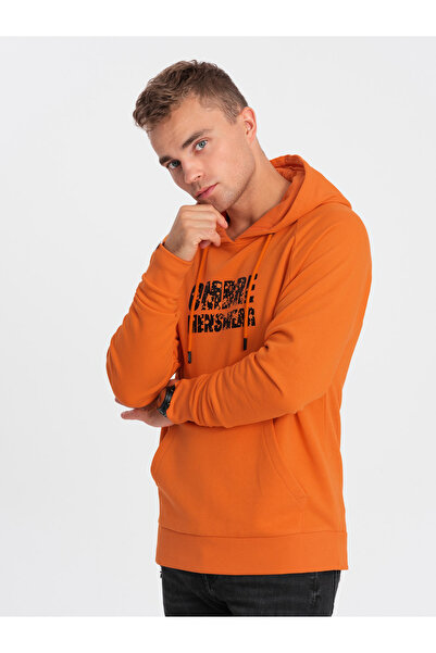 OMBRE Pánská klokaní mikina s kapucí a potiskem - oranžová V1 OM-SSPS-0155 M