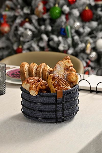 Edora Home Stylish Round Bread Basket - Blue Wicker Knitted, Metal Stainless, Multi-Purpose