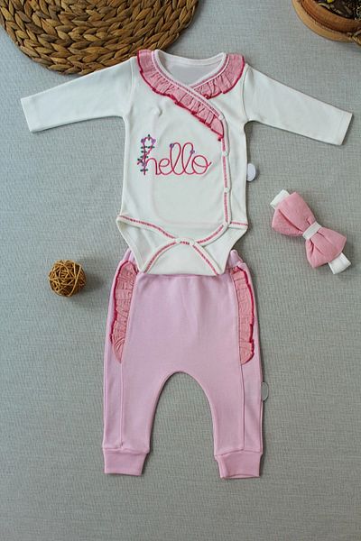Ecenaz 3-6 6-9 9-12 Months Hello Embroidered Double-breasted Bandana Long Sleeve Bodysuit 3-Piece Baby Girl Set Pink