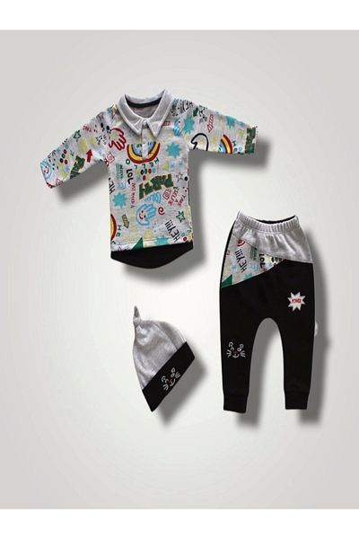 Ecenaz 6-9 12-18 18-24 Months Power Cat Embroidered Long Sleeve Sweat Hat 3-Piece Baby Girl and Boy Set Black
