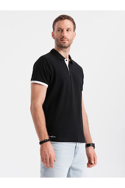 OMBRE Pánské bavlněné polo triko s kontrastním lemem - černá V8 OM-POSS-0113 S