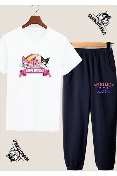 MarkaTurko Happy Birtday Special Design Printed Summer White Tshirt-Navy Blue Tracksuit Combination 7052374-4