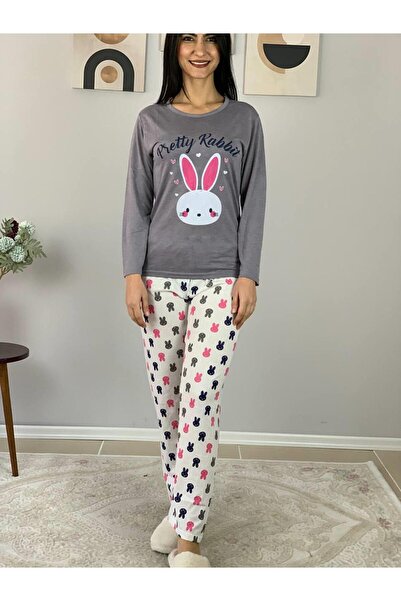 YusGos Women's Love Motif Heart Print Pajamas Set (Beige-White)