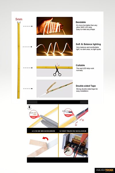 ankarateknik 5mm. Ultra İnce 1 METRE COB Şerit Led/ Renk Seçiniz