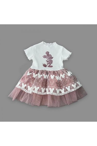 Ecenaz 1-2-3 Years Old Sequined Mickey Printed Brode Skirt Baby Girl Dress Rose Dried