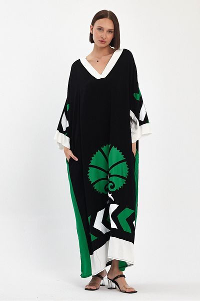 AYASOFYA OTANTIK Women's Black V-Neck Print Detail Overseize Loose Dress