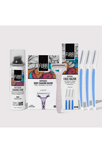 Furr مجموعة حلاقة سهلة للنساء | مجموعة شفرات حلاقة للوجه والجسم ورغوة حلاقة - عبوة من 3 قطع