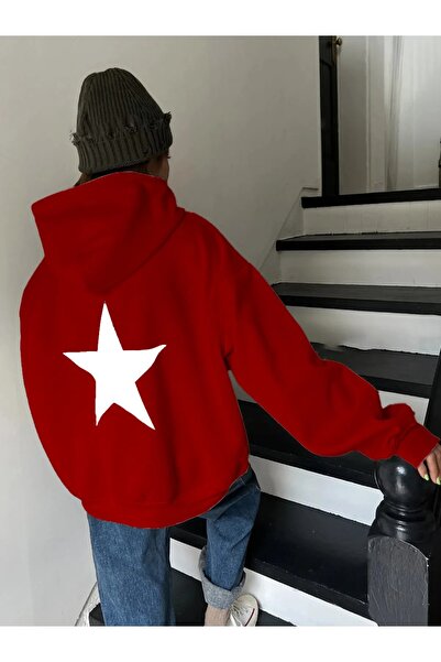 NO 601 Women's Red Back Star Printed Oversize Hooded Sweatshirt