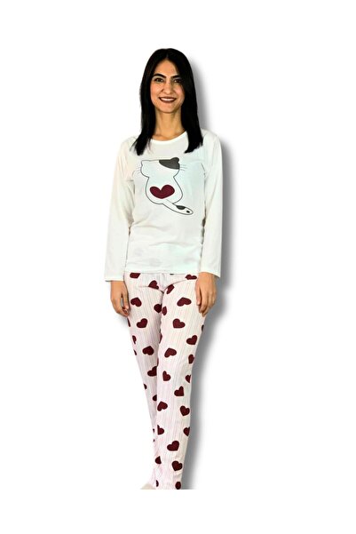 YusGos Women's Cat Motif Heart Patterned Pajamas Set (Burgundy-White)