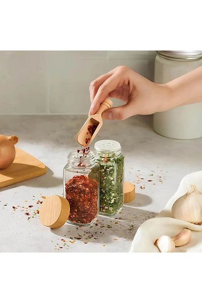 Anadolu Saray 2 Pieces Bamboo Wooden Lid Glass Salt Shaker Pepper Shaker Set Glass Salt Shaker Spice Rack Set