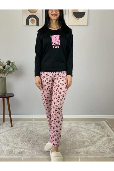 YusGos Women's Love You Printed Panda Print Pajamas Set (Pink-Black)