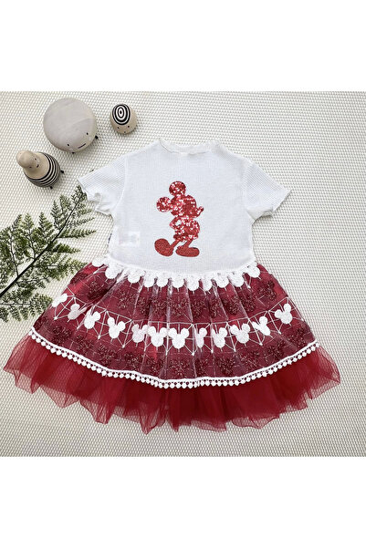 miyrem 1-2-3 Years Old Sequined Mickey Printed Brode Skirt Baby Girl Dress Red