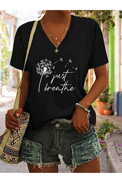 mercoledi V Yaka Baskılı Oversize T-shirt Salaş Boyfirend