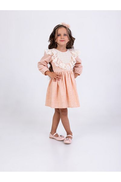 Filizdens Kids Rochie elegantă bej pentru fetiță, cu guler și mâneci din dantelă