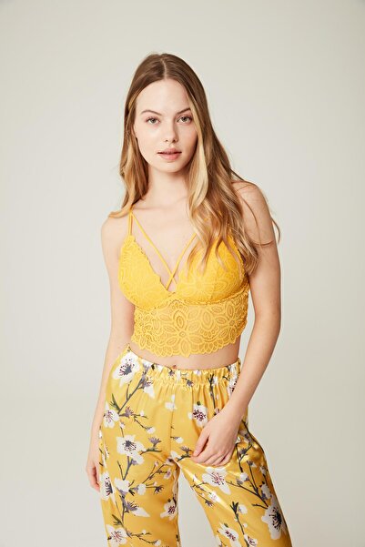 Genel Markalar Pijama Takım Saten Gömlek Büstiyer Pantolon Eliane Sarı - 3'lü Set