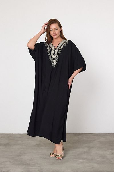 AYASOFYA OTANTIK Women's Black Ethnic Embroidery Detailed Overseize Loose Dress