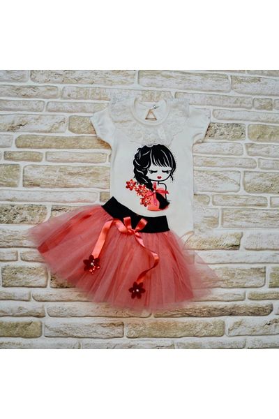 Ecenaz 9-12-18 Months Hair Braided Girl Embroidered Ribbon Short Sleeve Tutu Skirt 2-Piece Baby Girl Set Pomegranate Flower