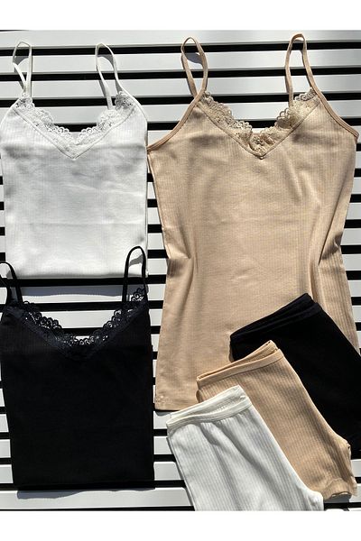 LEYNA BUTİK 3 Pieces Women's Corduroy Cotton Lycra Lace Tank Top and Shorts Set - Ecru, Black
