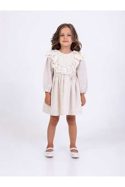 Filizdens Kids Κομψό μπεζ κοριτσίστικο φόρεμα με δαντέλα γιακά και λεπτομέρεια στο μανίκι