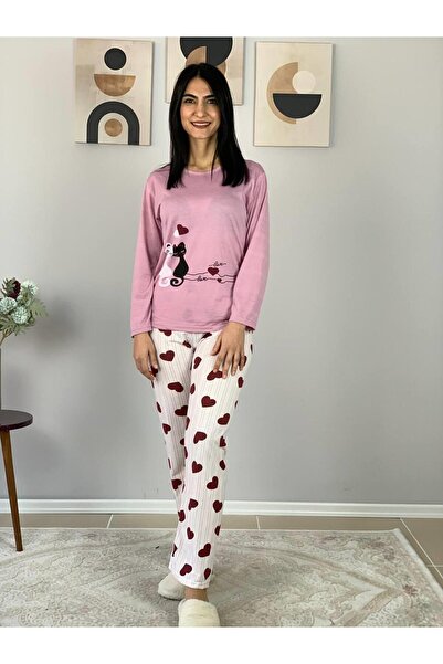 YusGos Women's Cat Motif Heart Pattern Pajamas Set (Pink-White)