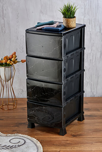 Homie 4 Katlı Çekmeceli Baskılı Mermer Desenli Kapaklı Plastik Komidin - Sebzelik - Çekmece No:5