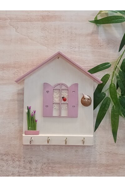 Firuze Hediyelik Ahşap ev temalı anahtar askısı, kapı yanı anahtarlık