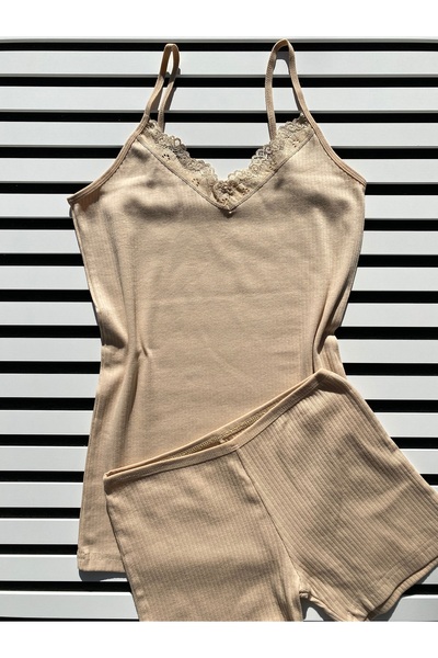 LEYNA BUTİK 3 Pieces Women's Corduroy Cotton Lycra Lace Tank Top and Shorts Set - Ecru, Black