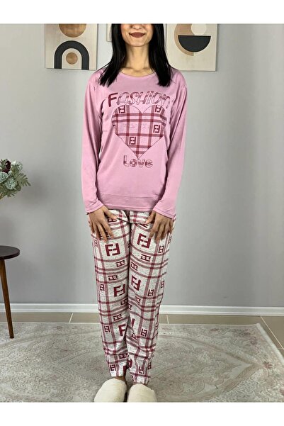YusGos Women's Fashion Love Print Pajamas Set (Pink)