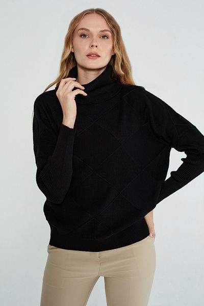 JOVENMADRE Pulover de damă oversize cu guler cu modele de culoare neagră