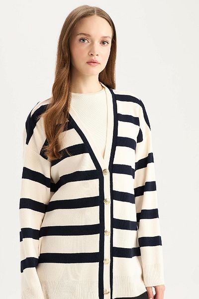 DeFacto Regular Fit V-Neck Striped Buttoned Cardigan D2445Ax24Wn