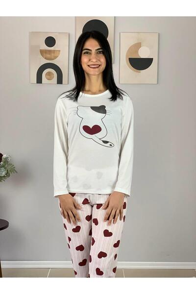 YusGos Women's Cat Motif Heart Patterned Pajamas Set (Burgundy-White)