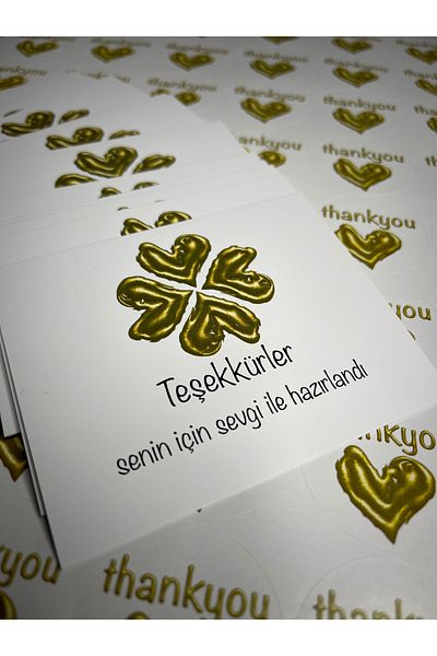 zeinapp Gold Hearted Thank You Card and Thank You Sticker Set Thank You Packaging Material 15+15 Pieces